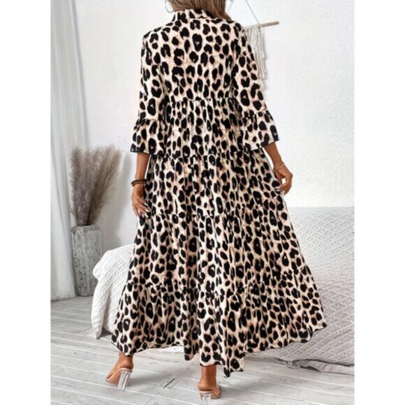 Elegant Leopard Print Midi Dress for Women - Comfortable, Slim Fit with Long Sle - Picture 3 of 5
